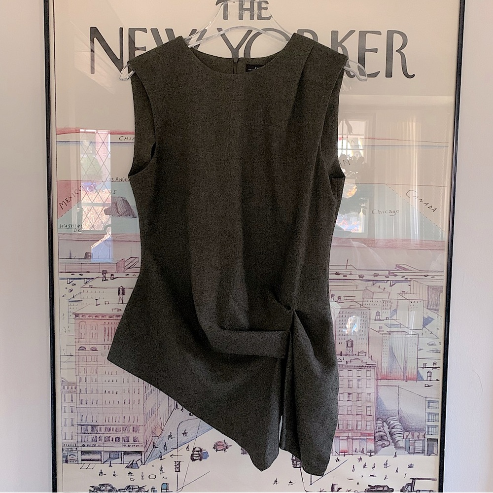 Zara olive green sleeveless wool top gathered detail zipper back high low size S